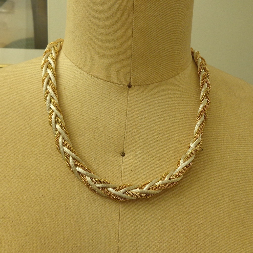 Gold and White Braided Necklace and Earring Set